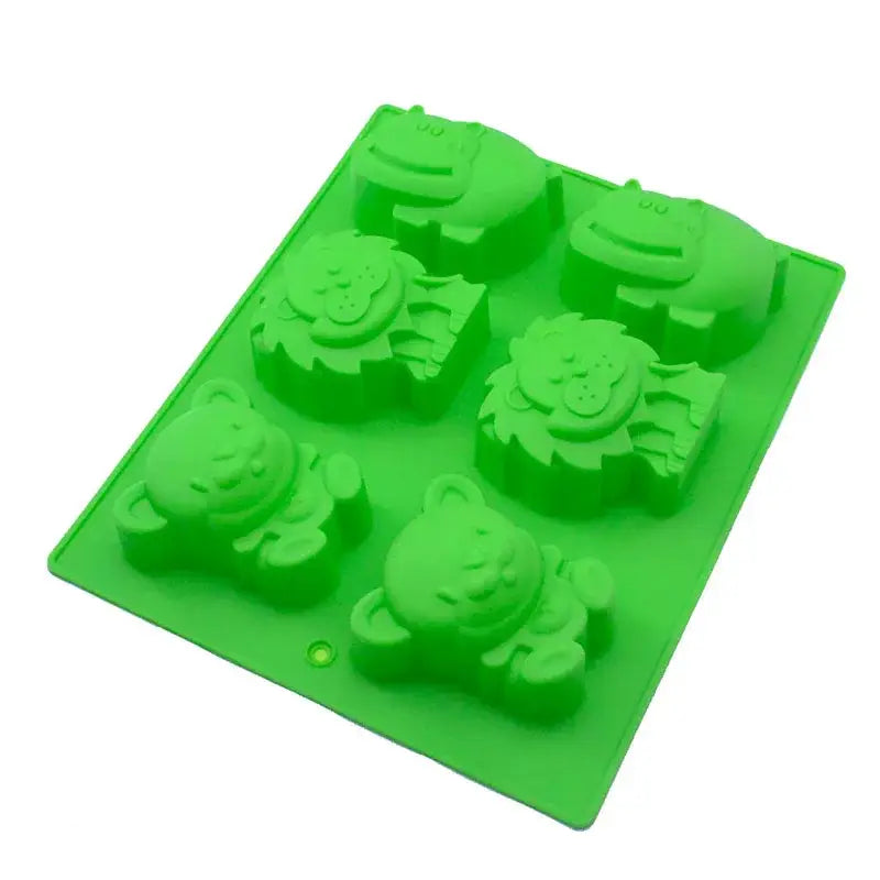 Bright green silicone mold featuring six cute lions bears and hippos decorbites lion hippo baking tray