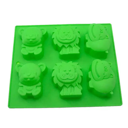 Bright green silicone mold with six cute animal shapes featuring decorbites lion hippo for baking use