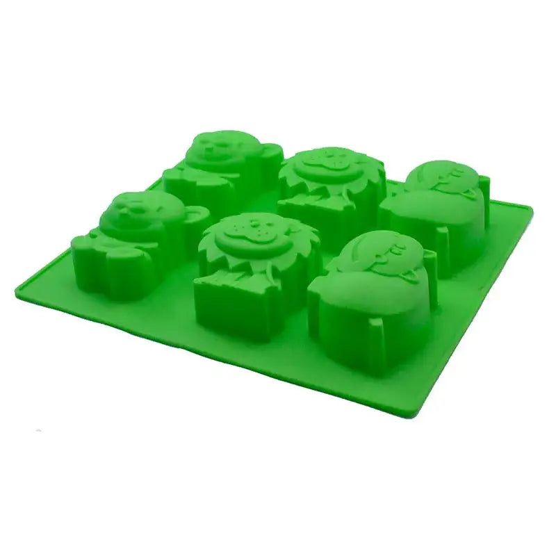 Bright green silicone mold with six cartoon animal shapes by decorbites featuring lion hippo silicone designs for baking