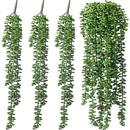 Green artificial fern vine hanging plant with four artificial string of pearls succulents for living room decor