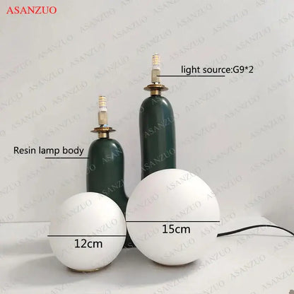 Green ceramic double frosted glass table lamp with dark green resin body and gold-toned g9 light for bedroom