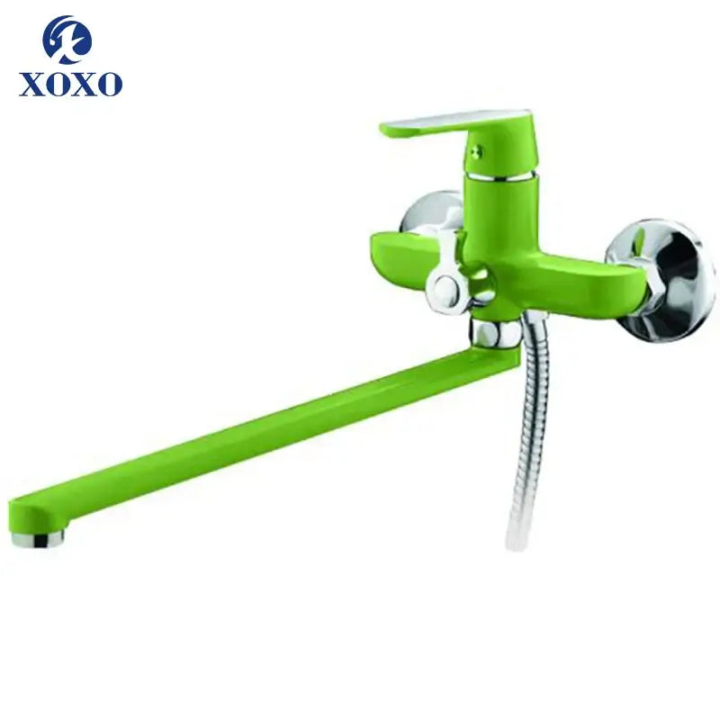 Bright green xoxo brand wall-mounted bath shower faucet with chrome accents and flexible handheld hose for bathroom use