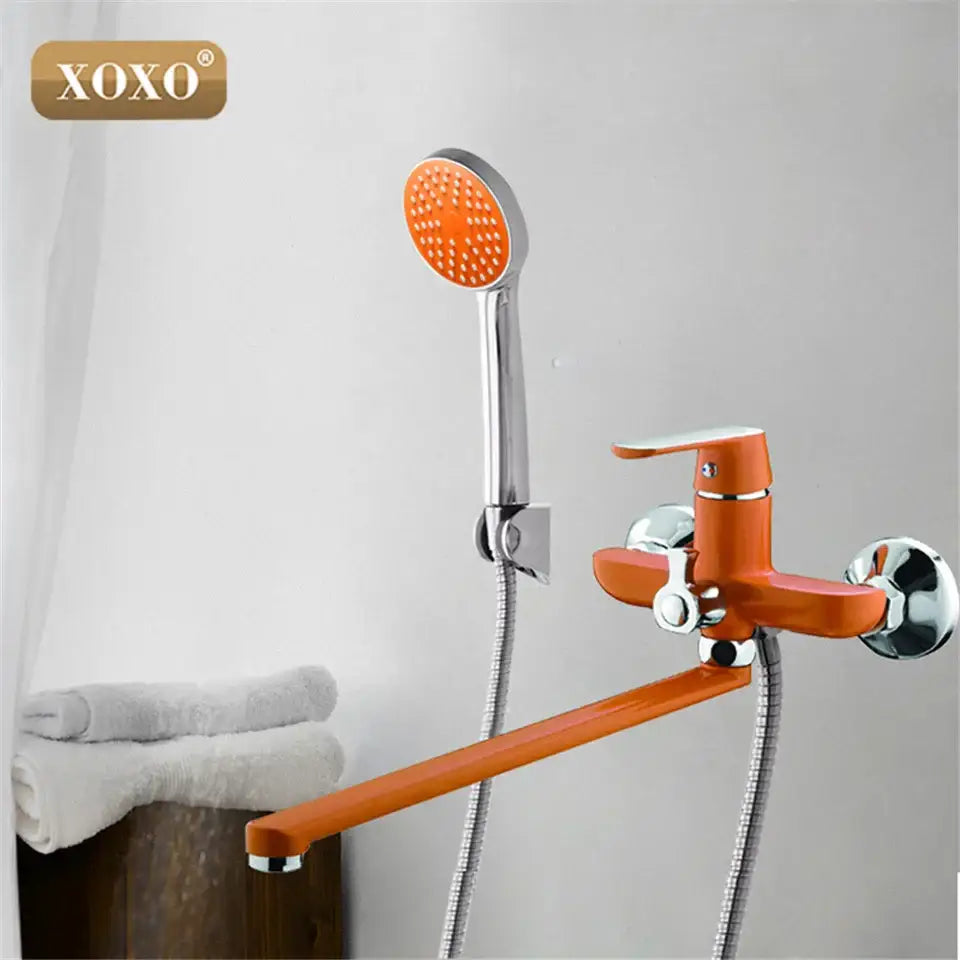 Orange xoxo bath shower faucet set with chrome accents and matching handheld for bathroom use