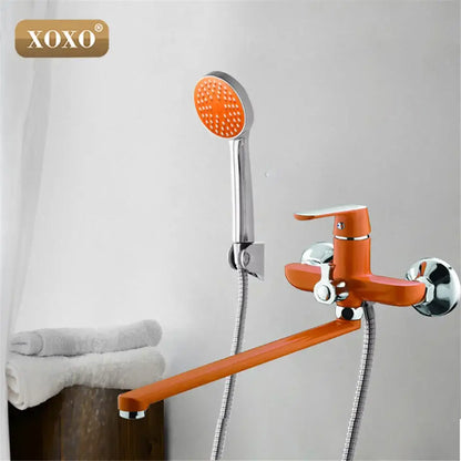Orange xoxo bath shower faucet set with chrome accents and matching handheld for bathroom use