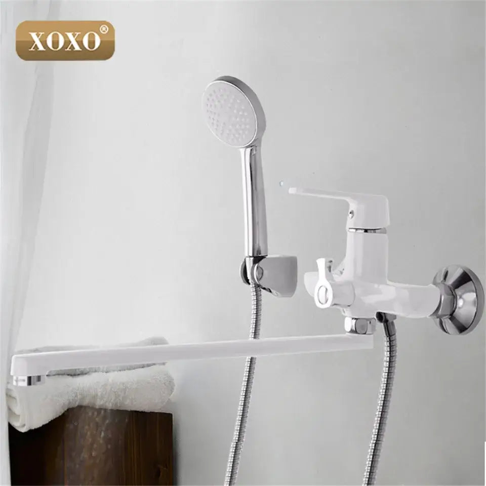 White and chrome xoxo bath shower faucet with detachable handheld for bathroom use in a green and chrome set
