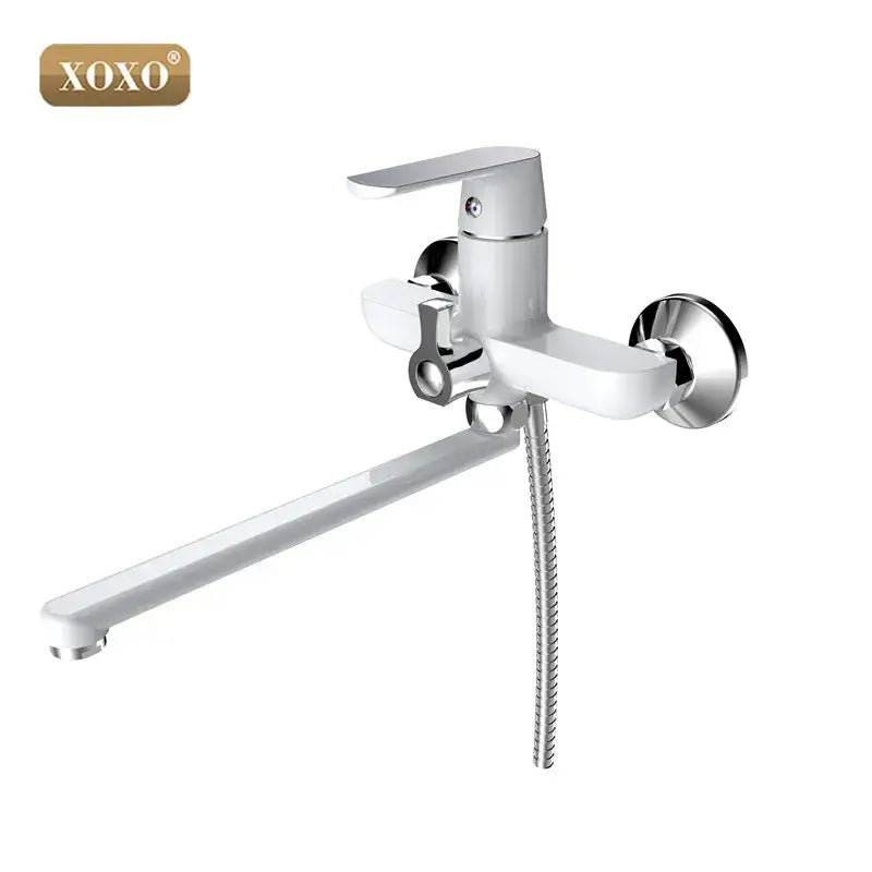 White and chrome xoxo brand wall-mounted bath shower faucet with long spout and detachable flexible hose