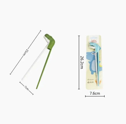 Green dino chopsticks kids training set featuring a green dinosaur shaped spoon with white handle by decorbites
