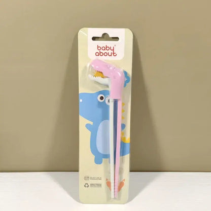 Pink dinosaur-shaped baby feeding utensils in baby about package for kids training with decorbites dino chopsticks