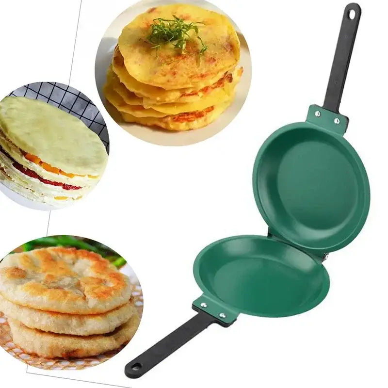 Green double sided pancake frying pan with black handles designed for cooking pancakes and omelets efficiently