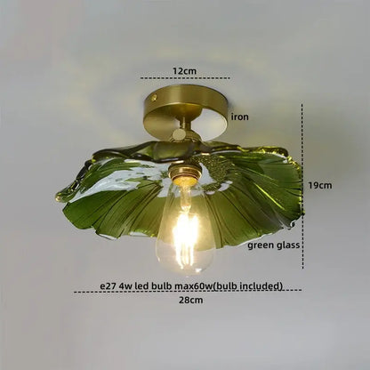 Green glass leaf copper nordic ceiling lamp with brass iron base and clear edison bulb for living room lighting