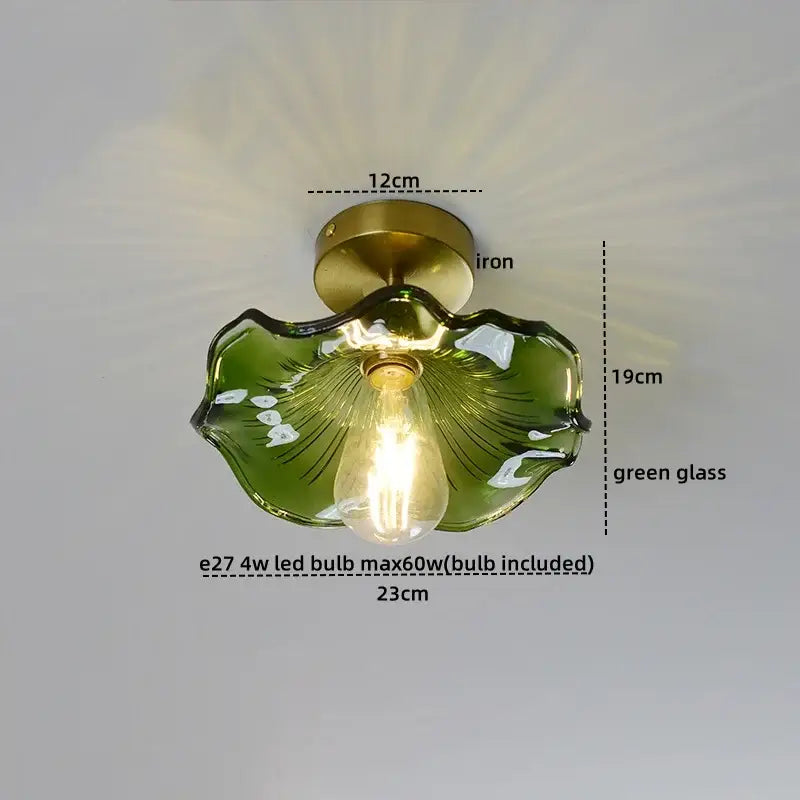 Green glass leaf copper nordic ceiling lamp with brass iron base and led bulb for living room lighting