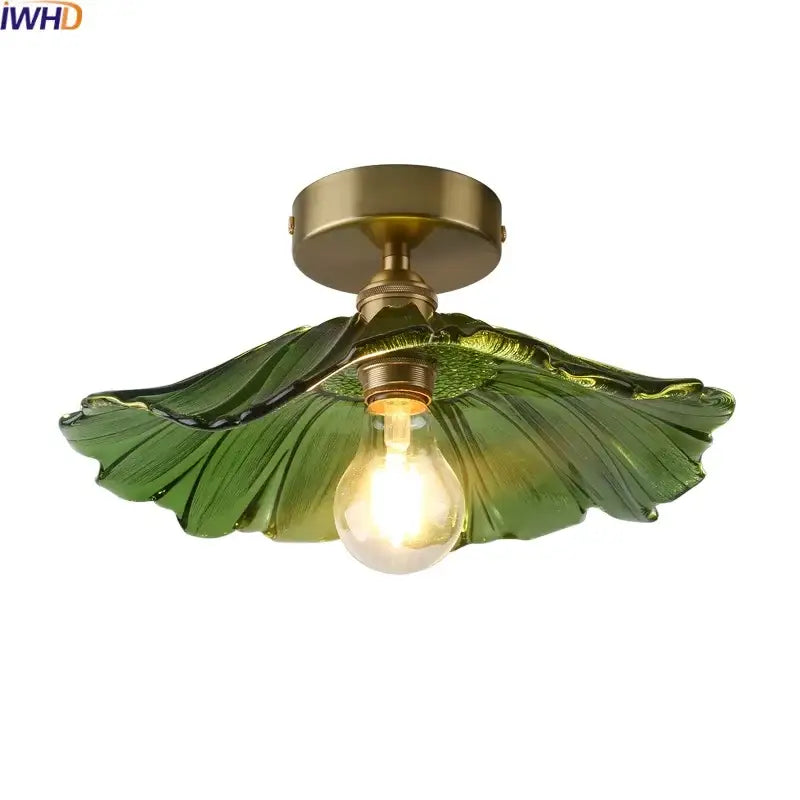 Green glass leaf-shaped ceiling lamp with brass finish copper nordic ceiling light for living room use