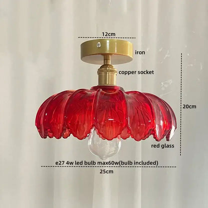 A vibrant red glass copper nordic ceiling lamp with an iron mounting in an elegant petal shape for living room
