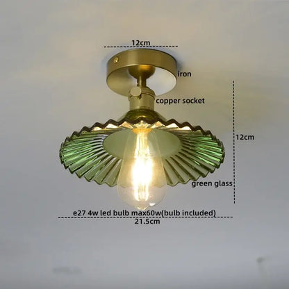 Vintage green glass leaf copper nordic ceiling lamp with brass base and exposed Edison bulb for living room lighting
