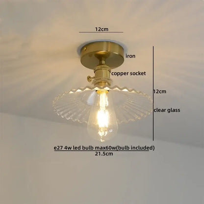 Vintage-style ceiling lamp with brass iron base copper nordic design and clear scalloped glass shade for living room