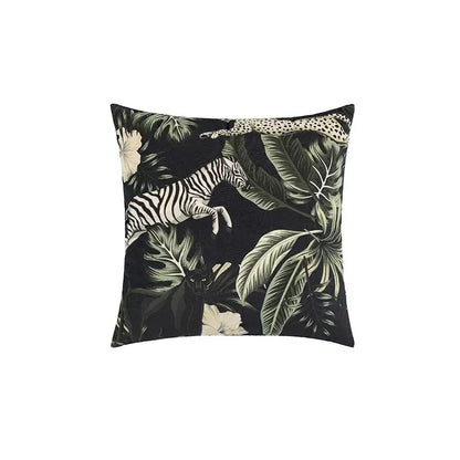 Black velvet premium cushion cover with green jungle print featuring zebra cheetah and black panther for living room decor