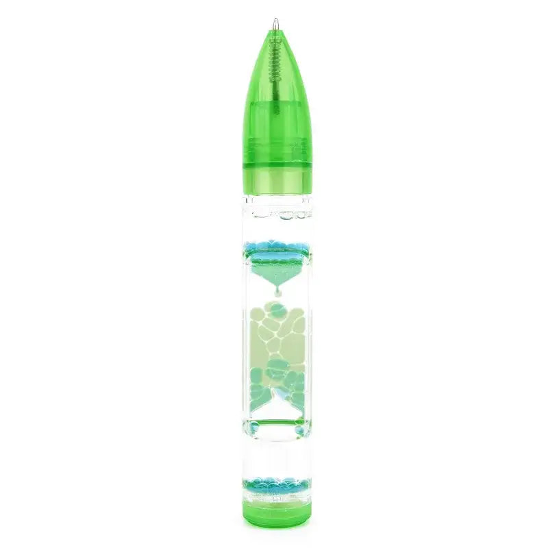 Green leaf liquid hourglass pen with green-tinted liquid and decorative leaf patterns for office and bedroom decor