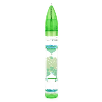 Green leaf liquid hourglass pen with green-tinted liquid and decorative leaf patterns for office and bedroom decor