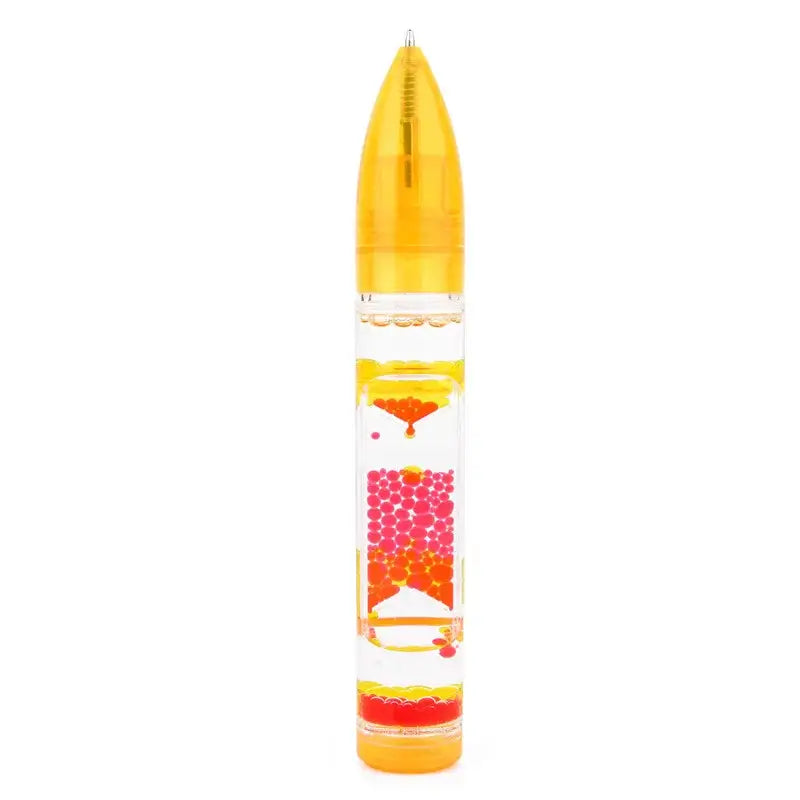 Green leaf liquid hourglass pen with transparent yellow liquid and colorful pink and orange floating beads for decor
