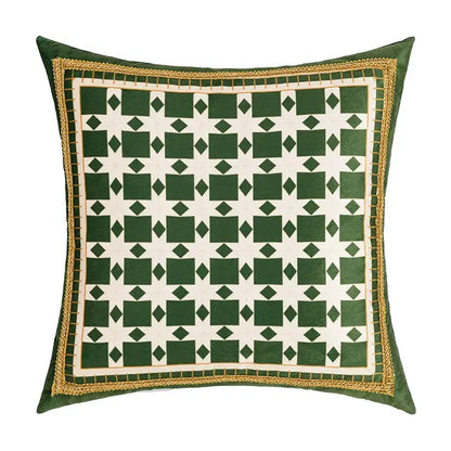 Square green and white quilted velvet cushion cover with gold-trimmed edges and green leaves moss print for living room decor