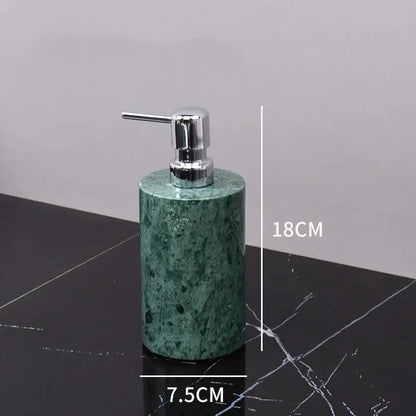 Green marble soap dispenser with sleek chrome pump from a marble bathroom set with gold accents bathroom accessories