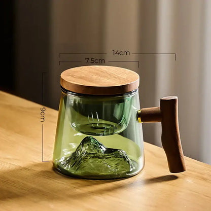 Green mountain glass tea cup set with heat resistant green glass, wooden lid handle, and mountain range inner chamber decorbites glass tea