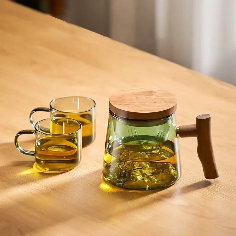 Green mountain decorbites glass tea cup set with heat resistant green glass teapot wooden lid and two glass mugs