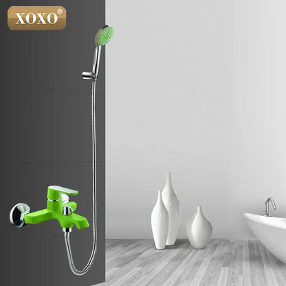 Green and orange chrome shower faucet set with bright green XOXO brand faucet and matching handheld showerhead hose
