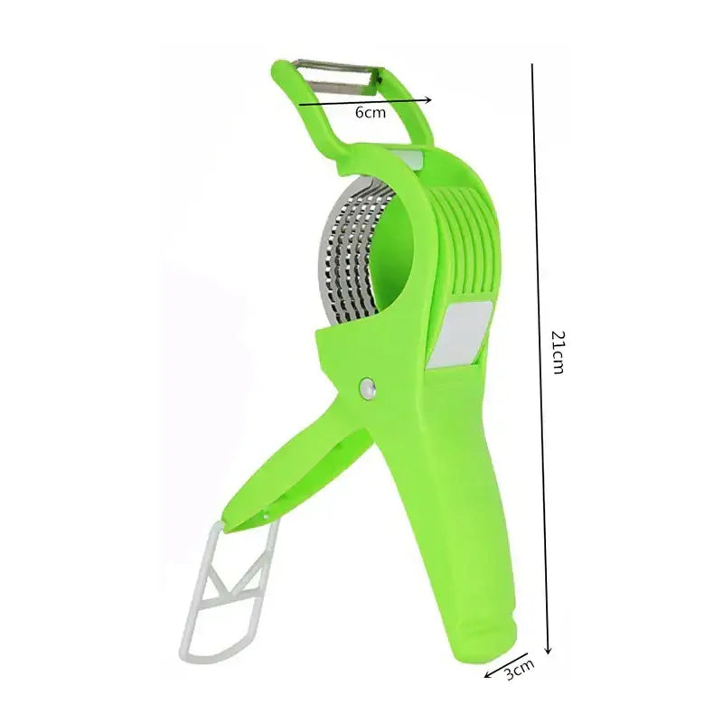 Bright green plastic 2-in-1 peeler slicer with metallic blade and wire basket for kitchen carrot round cutting