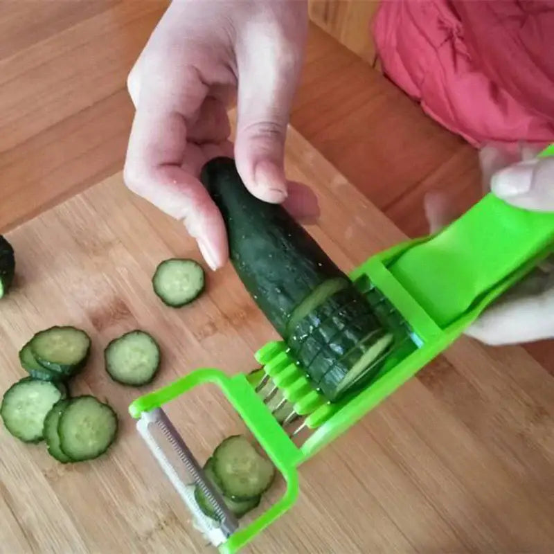 Bright green plastic 2-in-1 peeler slicer with multiple blades for evenly cutting cucumbers and carrots