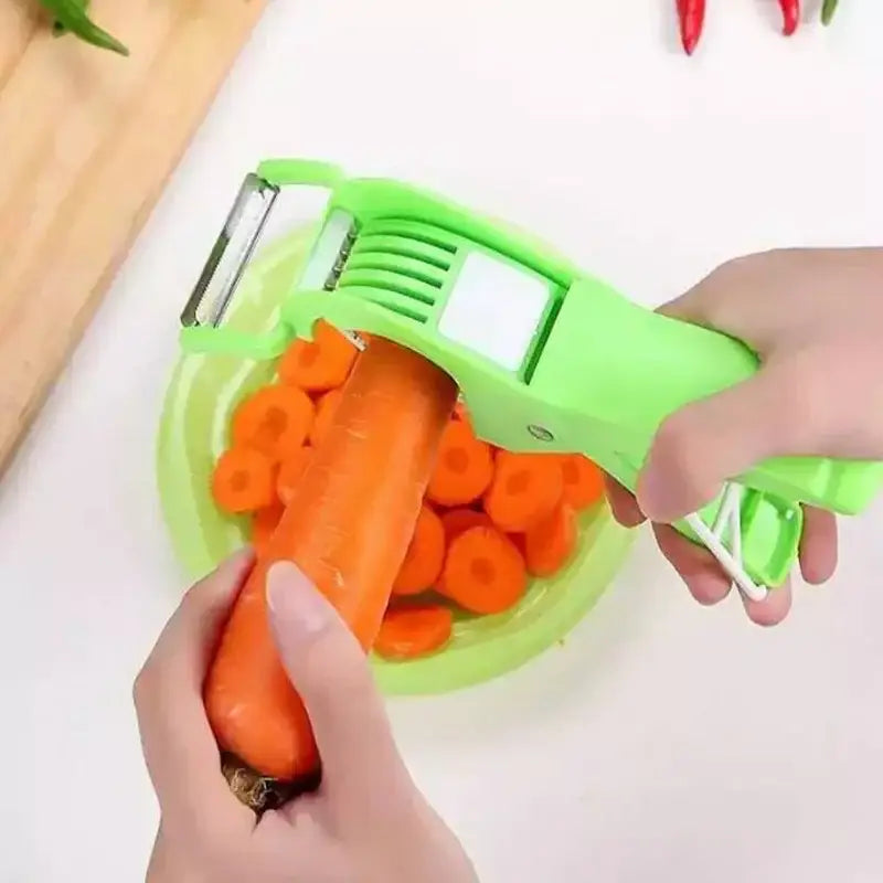 Green plastic 2-in-1 peeler slicer with metallic blade designed for slicing carrots into uniform rounds