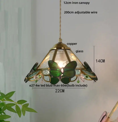Green stained glass butterfly pendant light with copper frame clear glass led and brass accents for bedroom decorbites clear glass