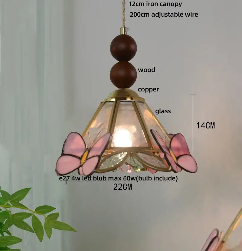 Delicate pink butterfly-themed stained glass pendant light with brass copper frame and wooden canopy for decorbites clear glass decor