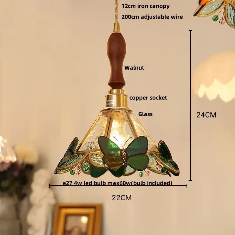 Green stained glass butterfly pendant light with walnut iron canopy, copper socket, and brass accents for bedroom decorbites clear glass LED use