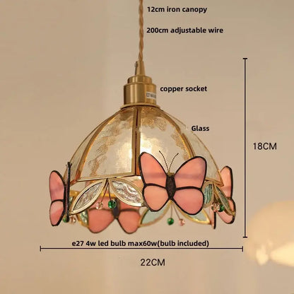 Green stained glass butterfly pendant light with pink and gold accents featuring clear glass led decorbites elements