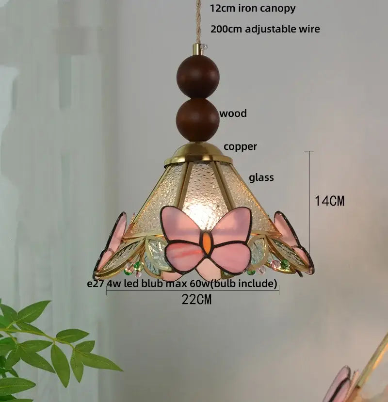 Delicate pink butterfly-themed stained glass pendant light with copper accents and wooden beads for decorbites clear glass decor