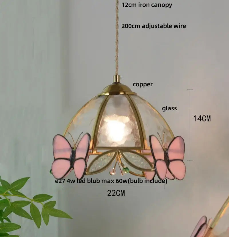 Delicate pink butterfly pendant light with copper frame 14cm height clear glass LED decorbites clear glass design