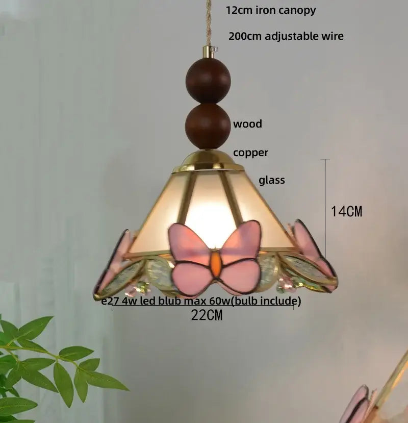 Delicate pink butterfly-themed stained glass pendant light with wooden and copper canopy for decorbites clear glass led decor