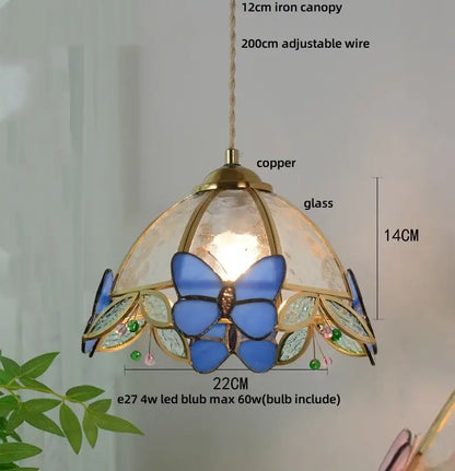Blue butterfly stained glass pendant light with copper accents 14cm height decorbites clear glass led in bedroom decor