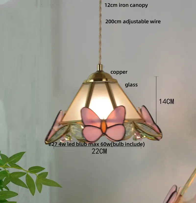 Delicate pink butterfly pendant light with copper finish and 12cm iron canopy perfect for clear glass led decorbites clear glass