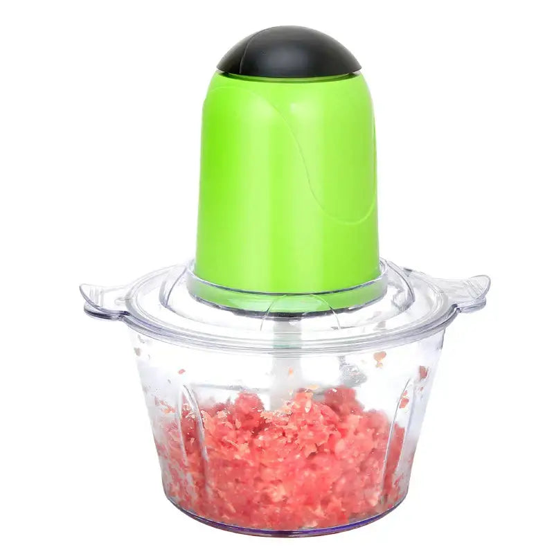 Bright green stainless steel electric meat grinder with black top and clear bowl containing ground red meat