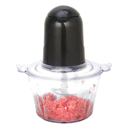 Black plastic food processor with clear bowl containing ground meat in a green stainless steel electric meat grinder set of 3