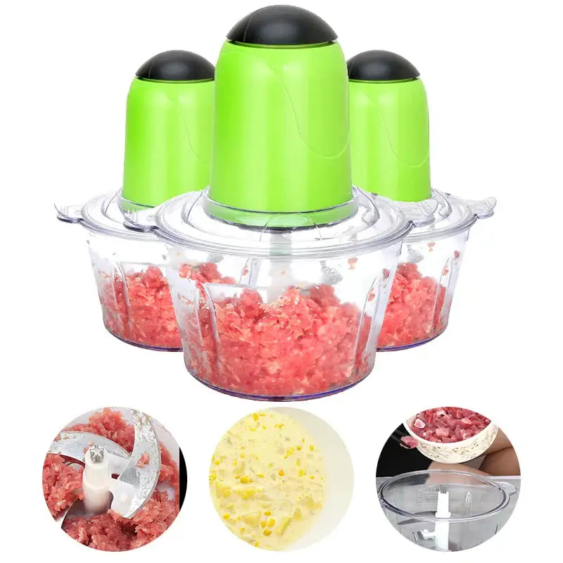 Set of three bright green stainless steel electric meat grinders with clear bowls and black tops for efficient processing