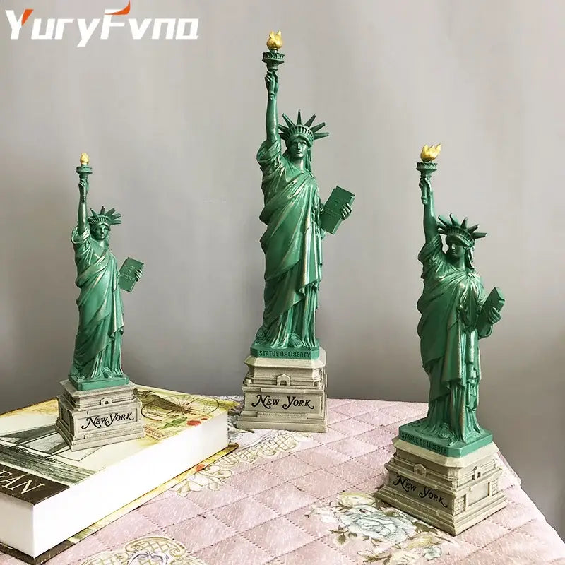 Three green resin decorbites liberty statue desk models on gray bases engraved with new york for office decor