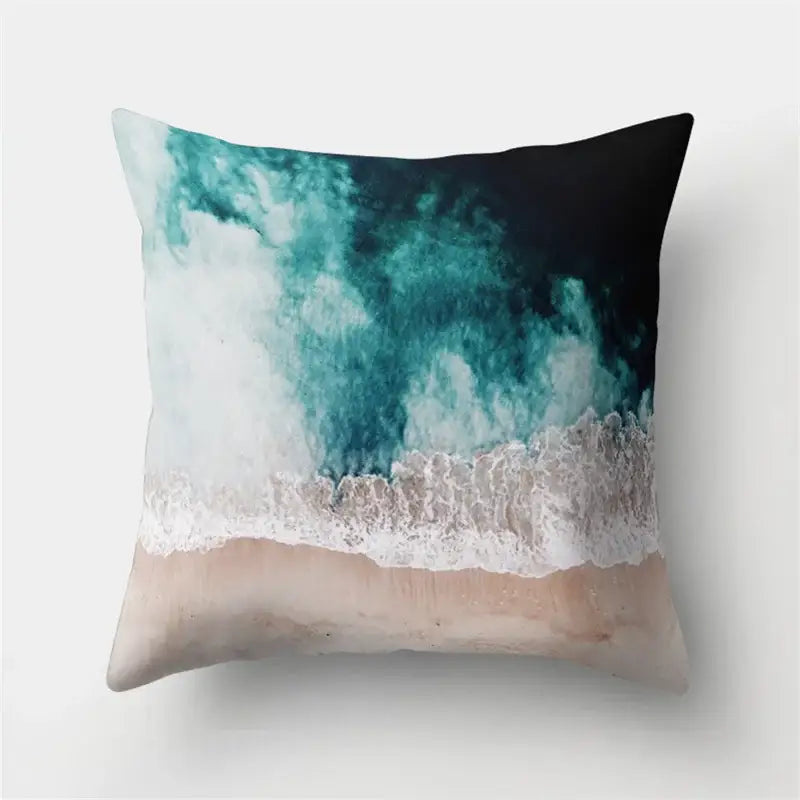Square throw pillow with vibrant ocean wave design in deep teal and sandy tones for decorbites green tropical leaves forest decor