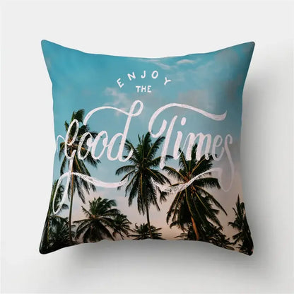 A green tropical leaves forest throw pillow with palm tree design and enjoy the good times script for decorbites decorbites green tropical