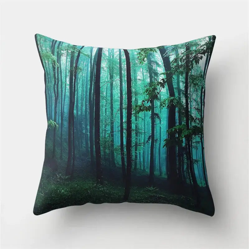 Square throw pillow with misty teal and green tropical leaves forest design for decorbites green tropical nature decor