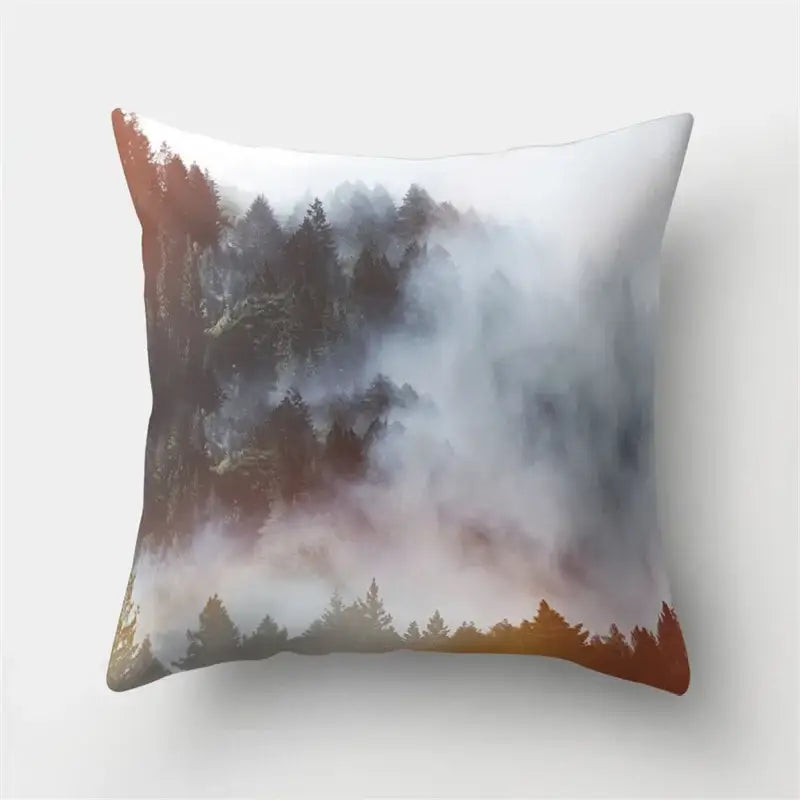 Square throw pillow with green tropical leaves forest design in misty gray white and warm orange hues for decorbites green tropical decor