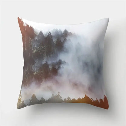 Square throw pillow with green tropical leaves forest design in misty gray white and warm orange hues for decorbites green tropical decor