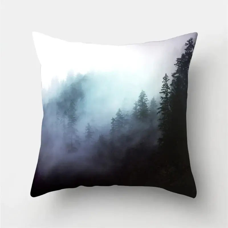 Square throw pillow featuring a misty forest scene with green tropical leaves decorbites forest pillowcase for living room decor